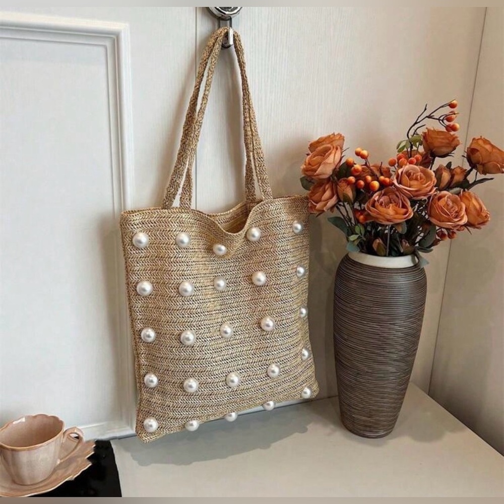 "Sandy" Pearl-Embellished Tan Weaved Tote Bag! NWOT - Picture 2 of 9